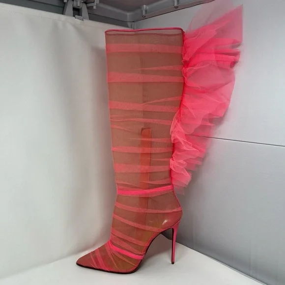 RARE Christian Louboutin SS22 Libellibotta Pink Tulle Knee High Boots Heels 40 - Picture 3 of 15